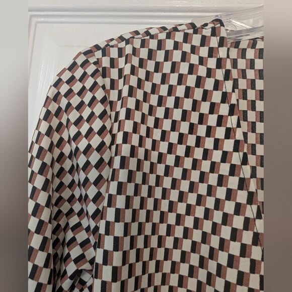H&M Crepe checkered long sleeve wrap Midi Belted dress Beige Brown Size XS - Picture 11 of 12